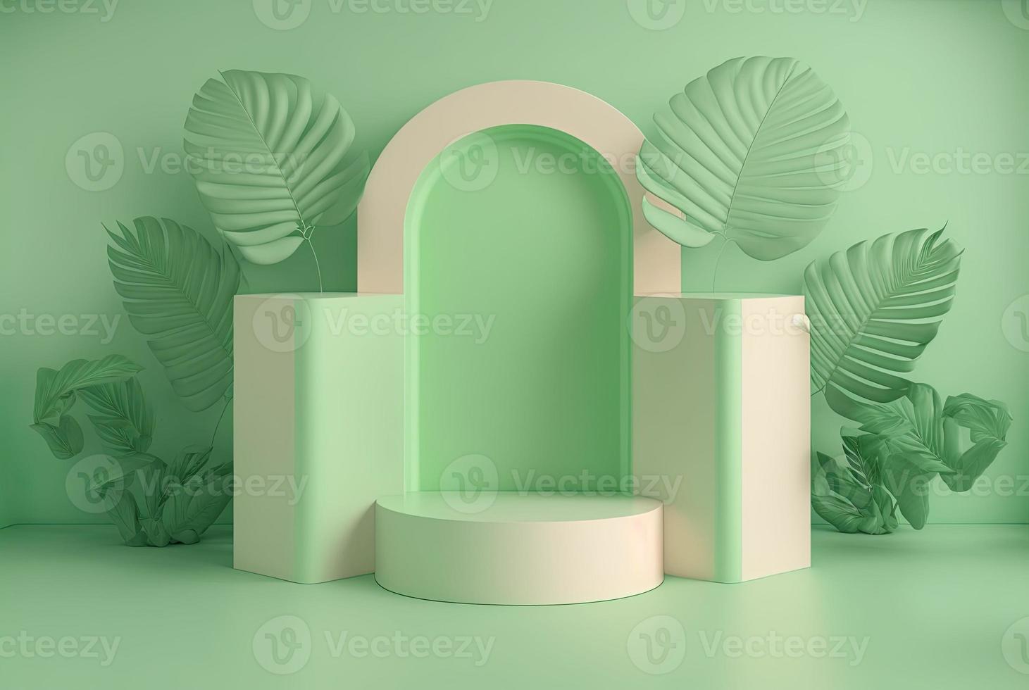 Ilustração 3D realista do pódio verde suave com folhas ao redor para exibição do produto foto