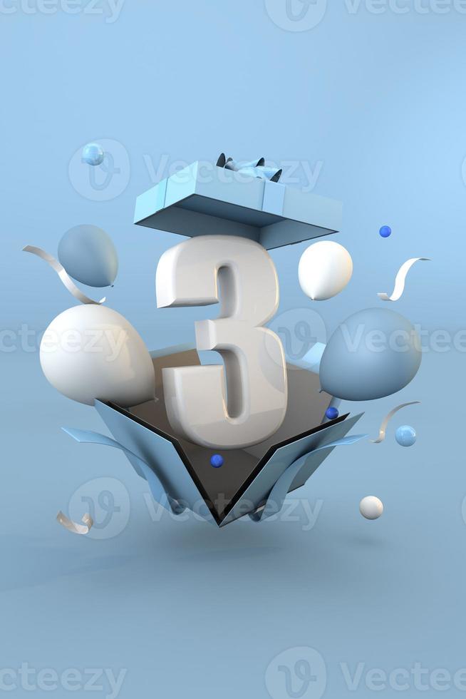 número azul 3 um conceito de feliz aniversário. renderização 3D foto