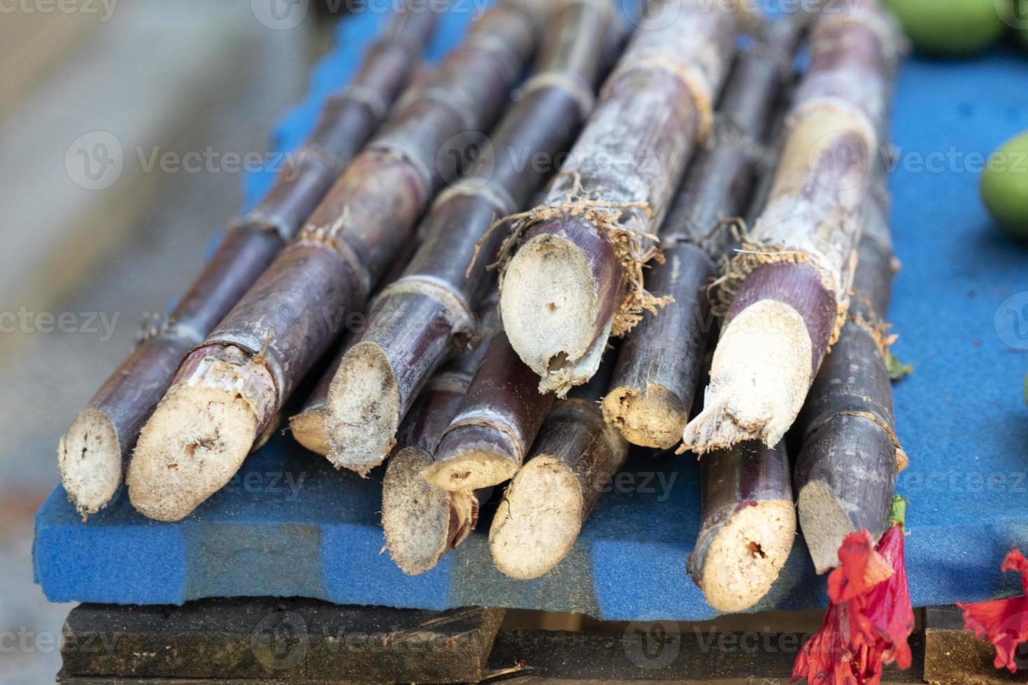 muitos tipos de frutas tropicais de cana-de-açúcar no mercado foto