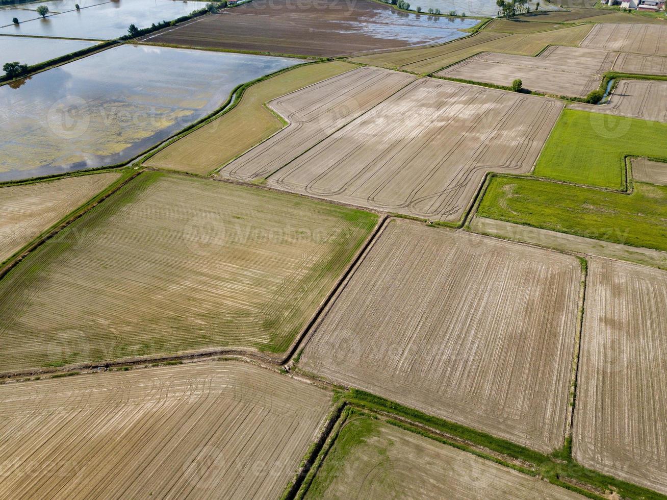campos cultivados com arroz na vista aérea da itália foto