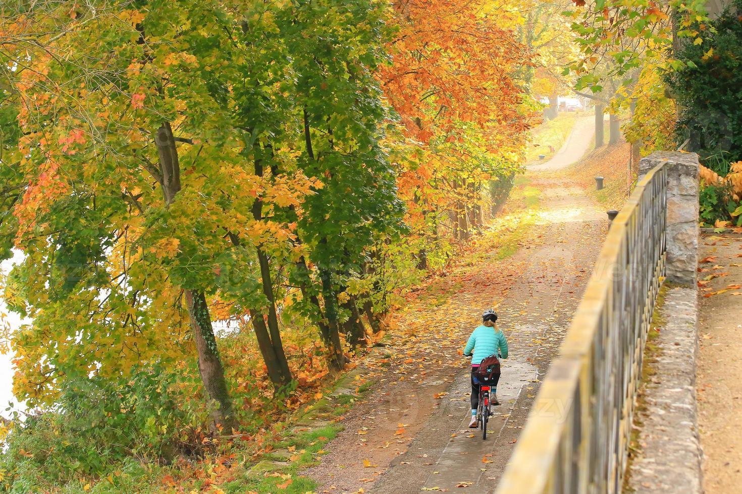 mulher andando de bicicleta no outono. vista de trás foto