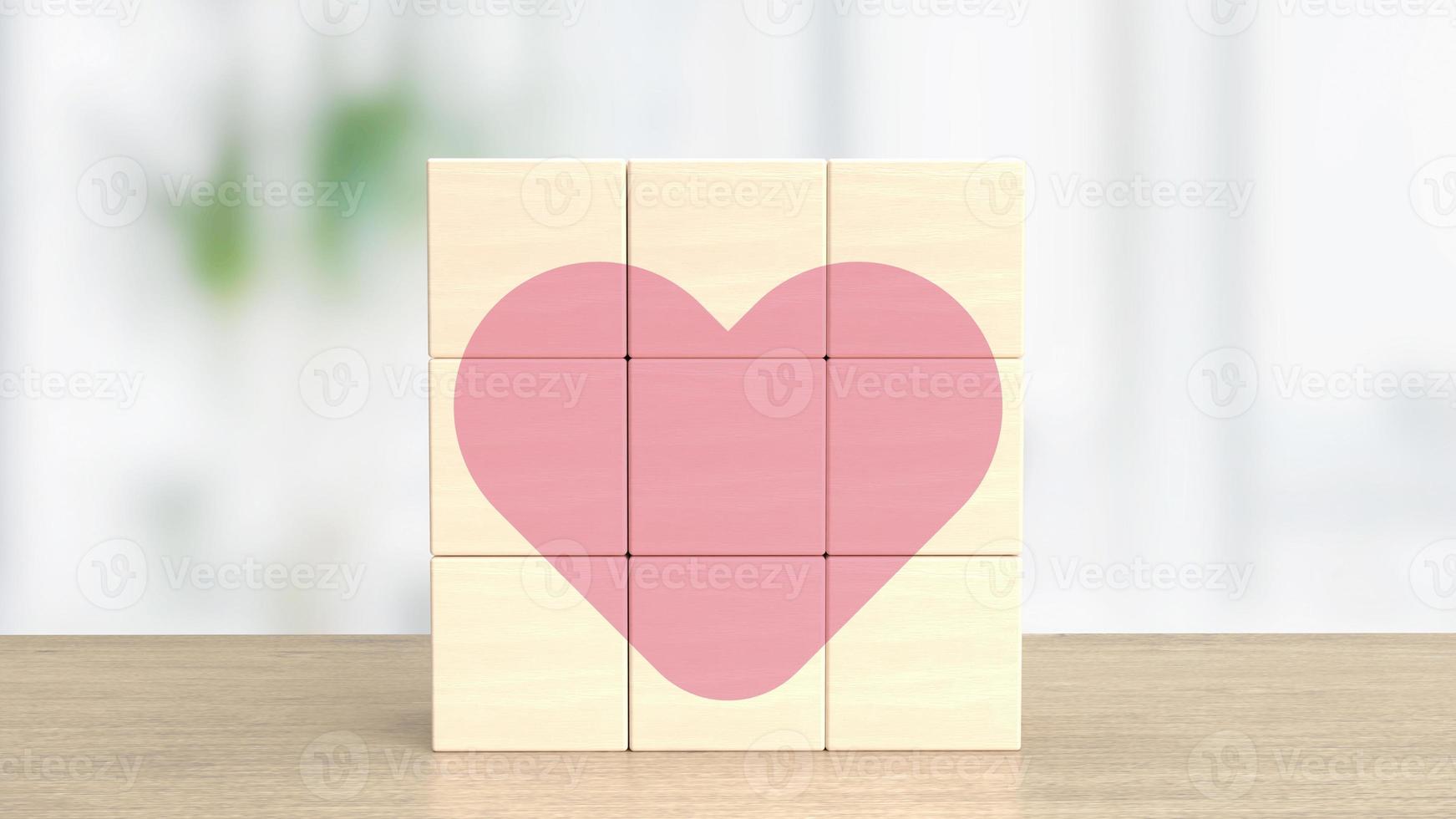 o cubo de madeira e o coração rosa para o dia dos namorados ou o conceito de amor 3d foto