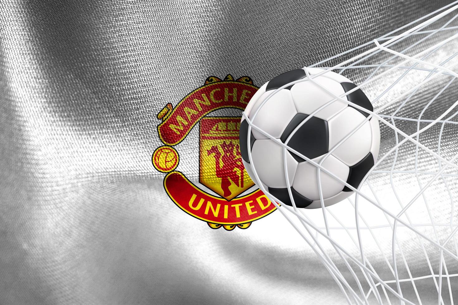 liga dos campeões da uefa 2023, bandeira do manchester united fc com uma bola de futebol na rede, papel de parede da uefa, trabalho 3d e imagem 3d. Yerevan, Armênia - 2023, 27 de janeiro foto