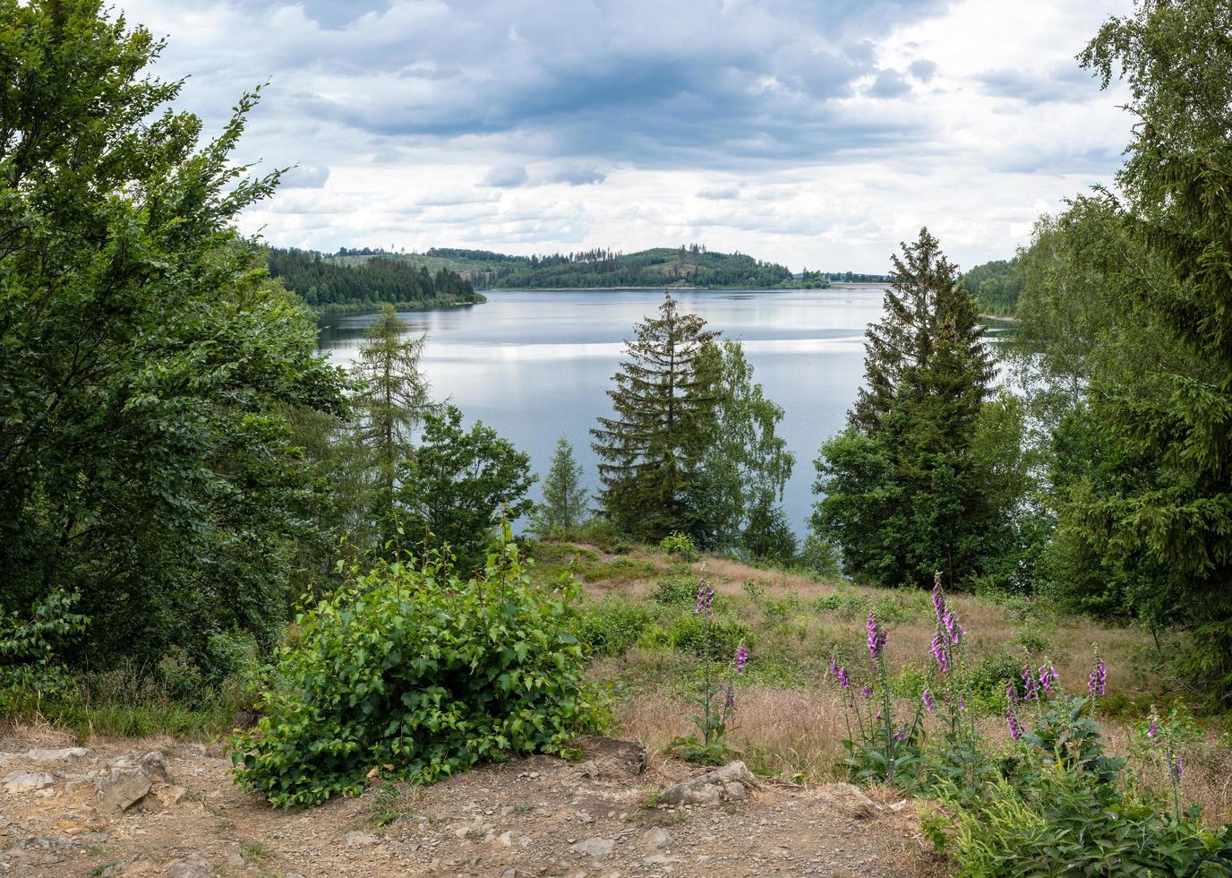 vista magnífica pitoresca da colina para o lago, céu e floresta. paisagem de outono. foto