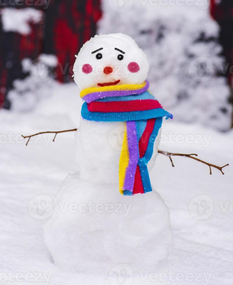 boneco de neve engraçado com um lenço colorido e um rosto triste foto