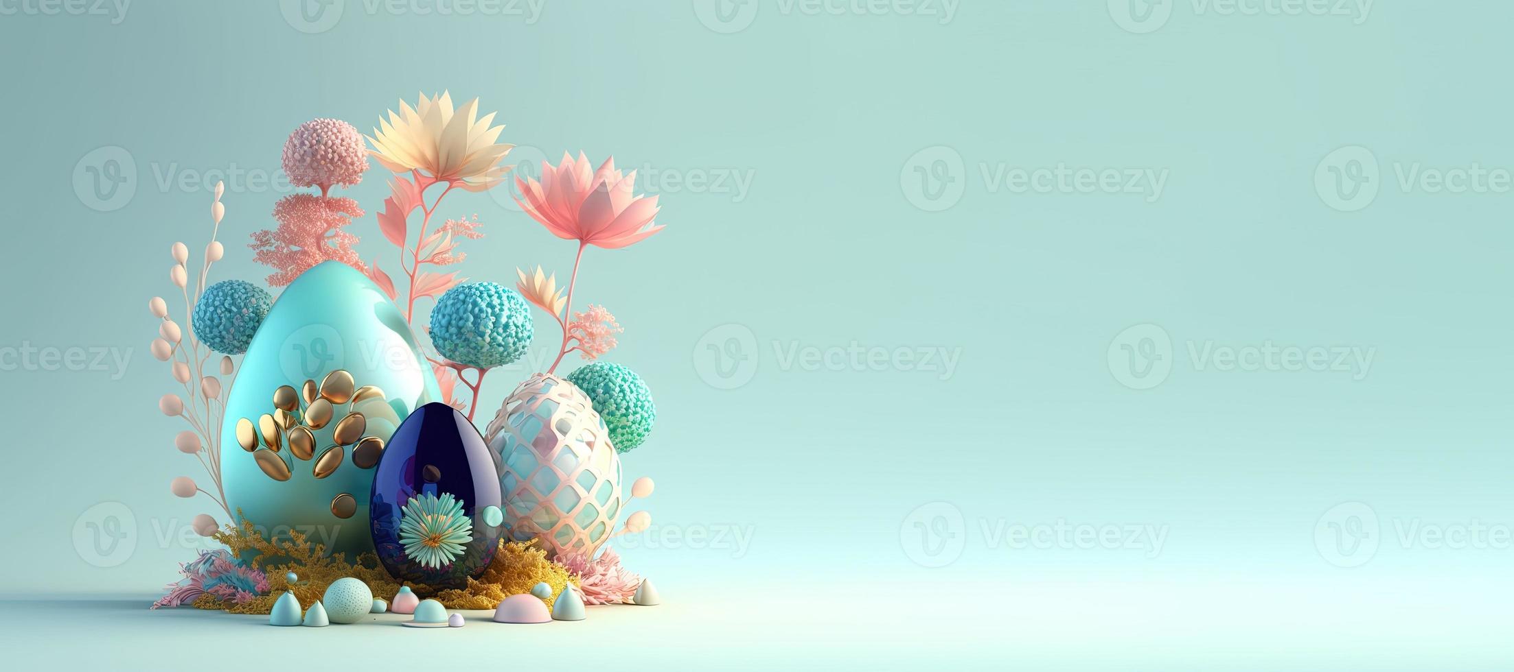 Renderização 3D de ovos de páscoa e flores com um tema do país das maravilhas de fantasia para banner foto