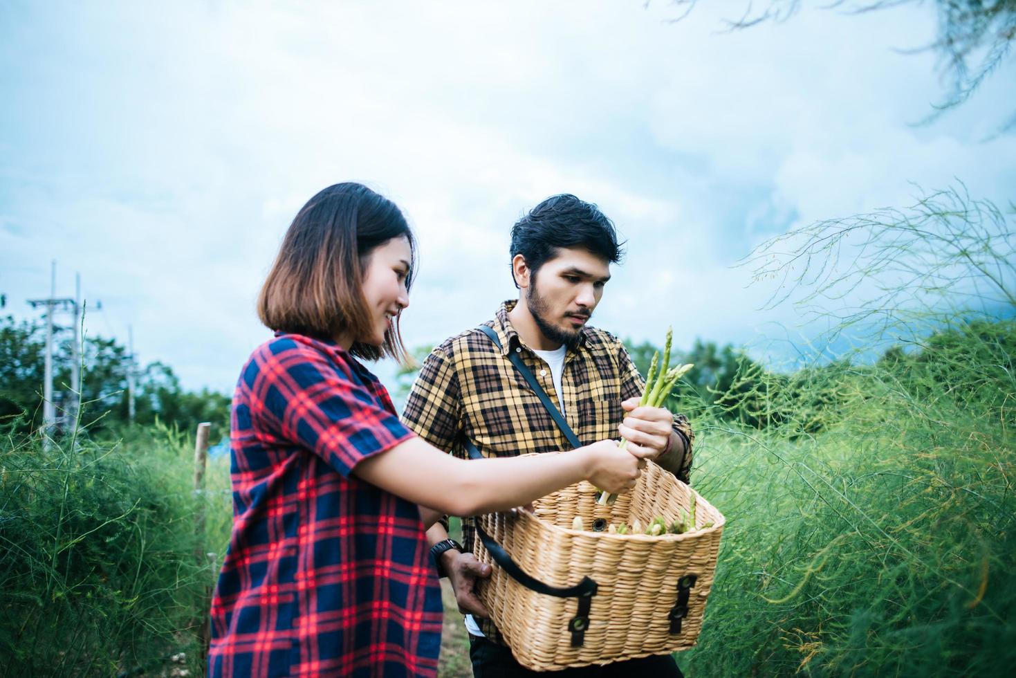 jovem casal de agricultores colhendo aspargos frescos foto
