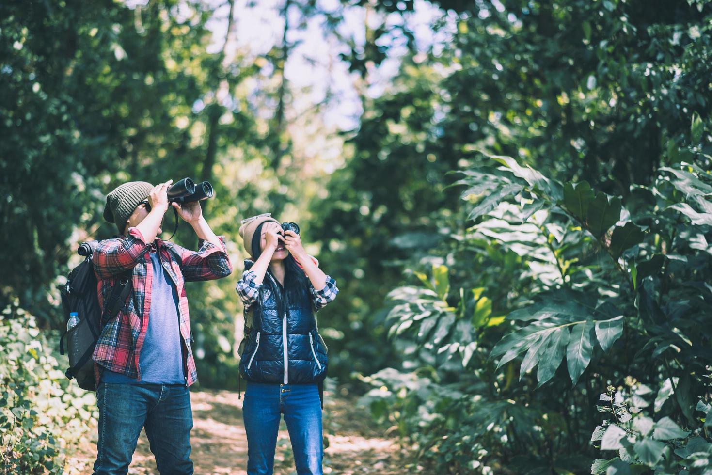 jovens caminhantes com binóculos na floresta foto