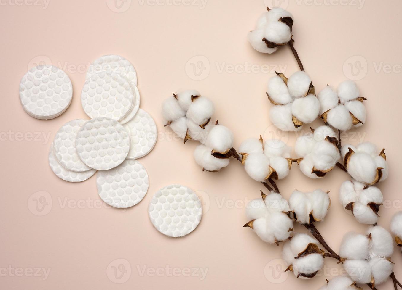 esponjas de algodão branco sobre fundo bege. design para a indústria da beleza, medicina e cosmética foto