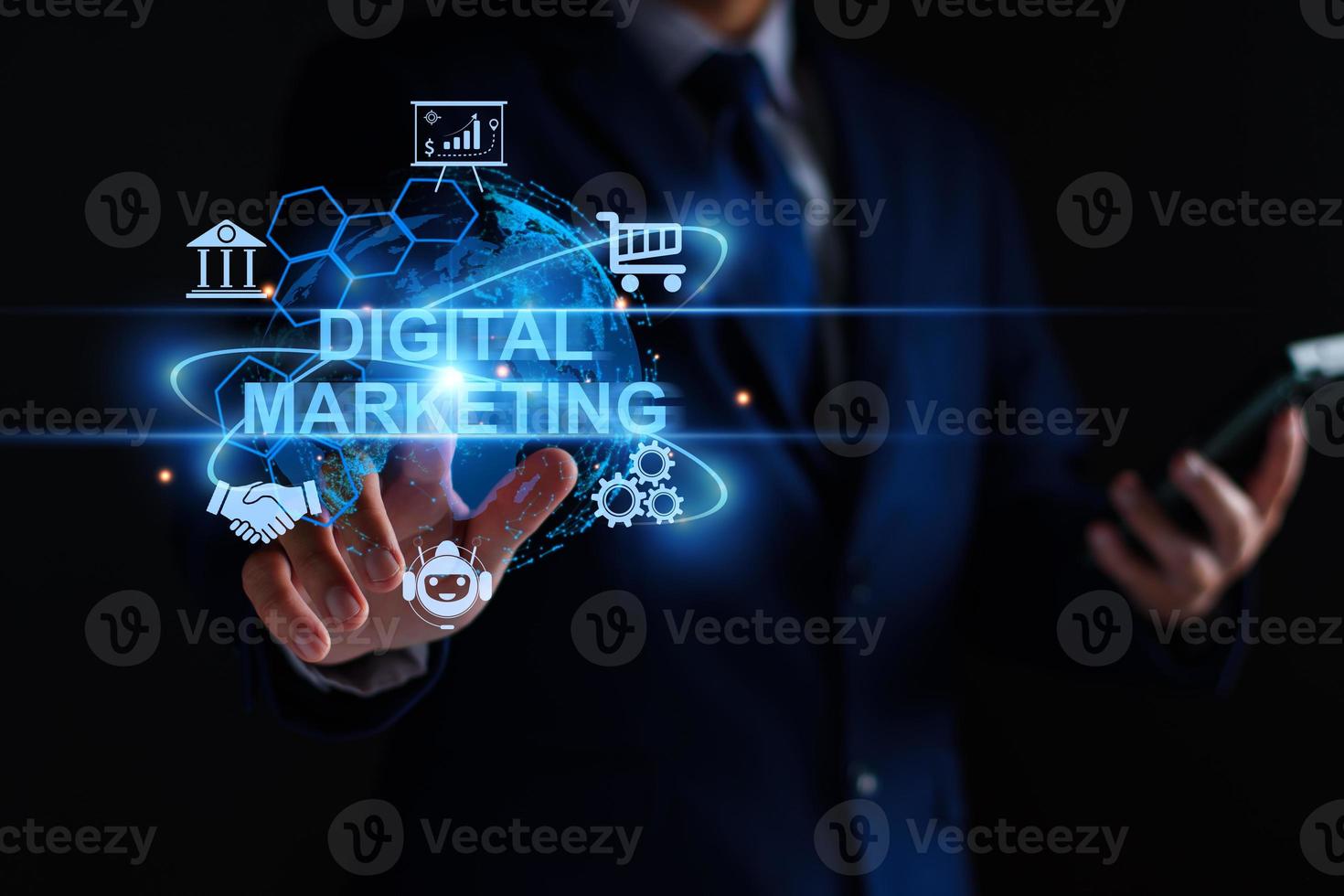 marketing digital publicidade na internet e vendas aumentam o conceito de tecnologia de negócios. empresário acessa marketing on-line, negócios eletrônicos, comércio eletrônico, negócios on-line, rede on-line de marketing global. foto