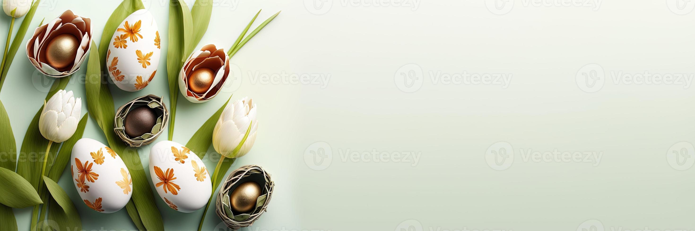 tulipas decoradas e ovos com espaço de cópia para banner de páscoa foto