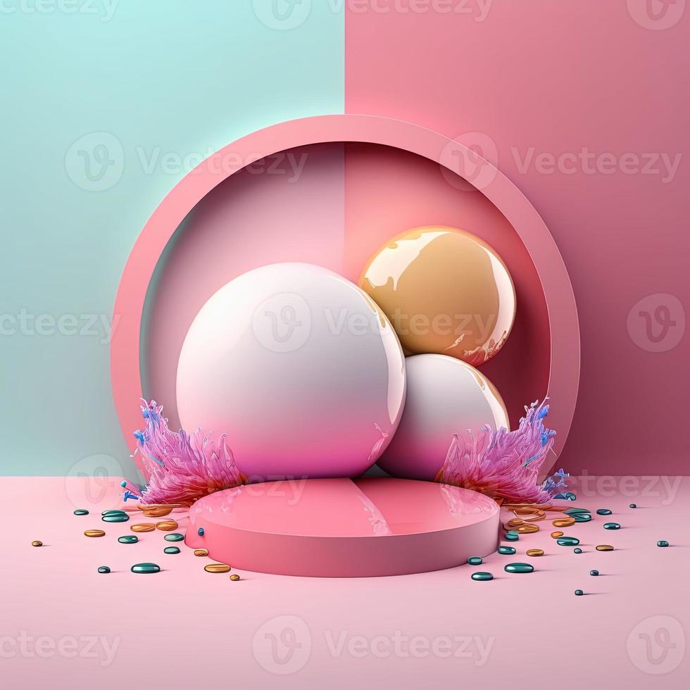 pódio 3d brilhante com ovos e flores para vitrine de produtos de páscoa foto