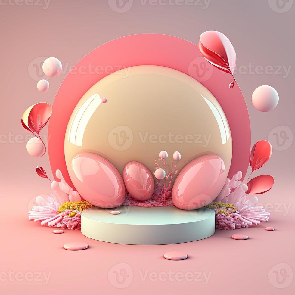Pódio rosa brilhante 3d com decoração de ovo de páscoa para vitrine de produtos foto
