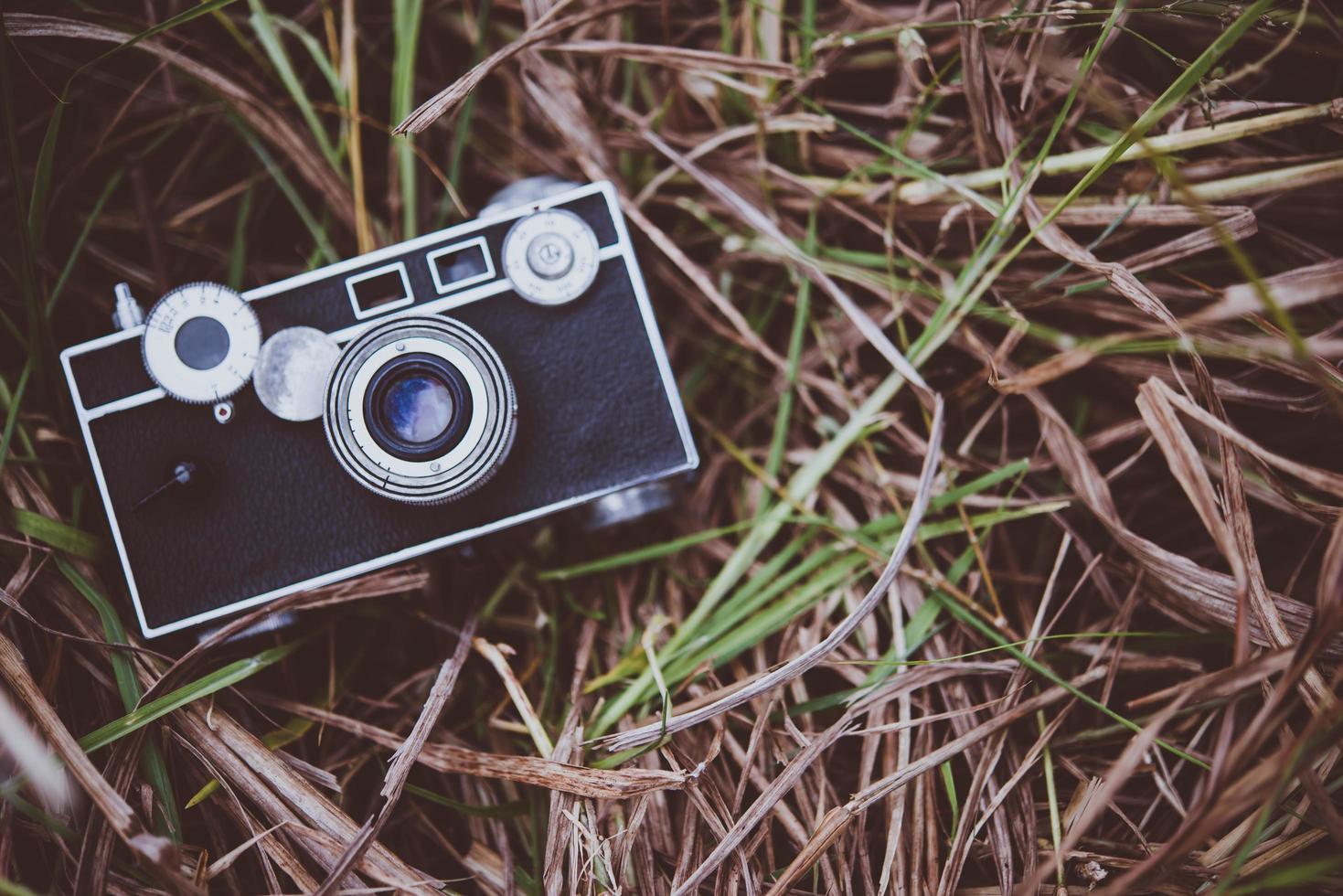 câmera velha vintage em um campo de grama foto