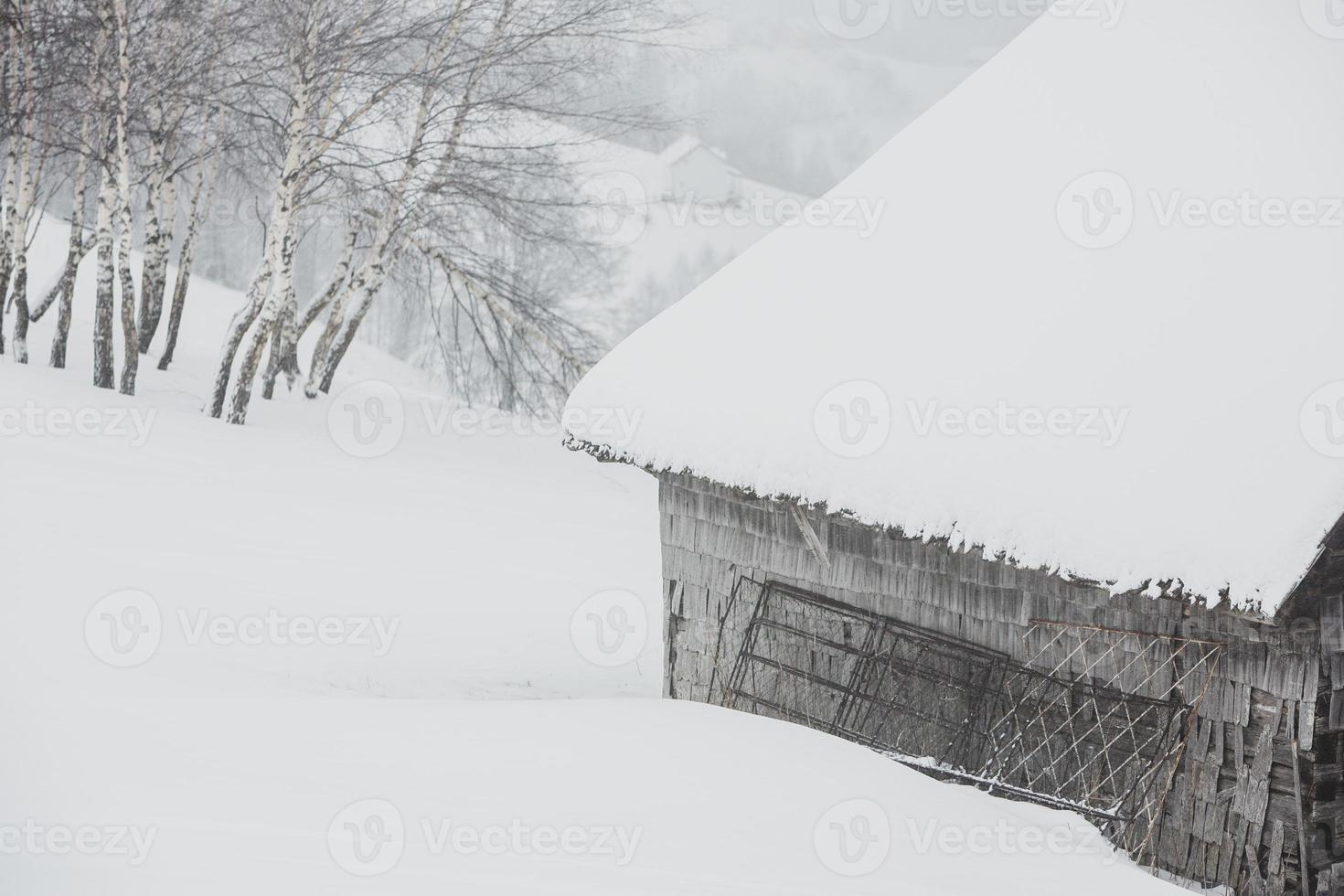 uma abundante nevasca nos cárpatos romenos na aldeia de sirnea, brasov. inverno real com neve no país foto