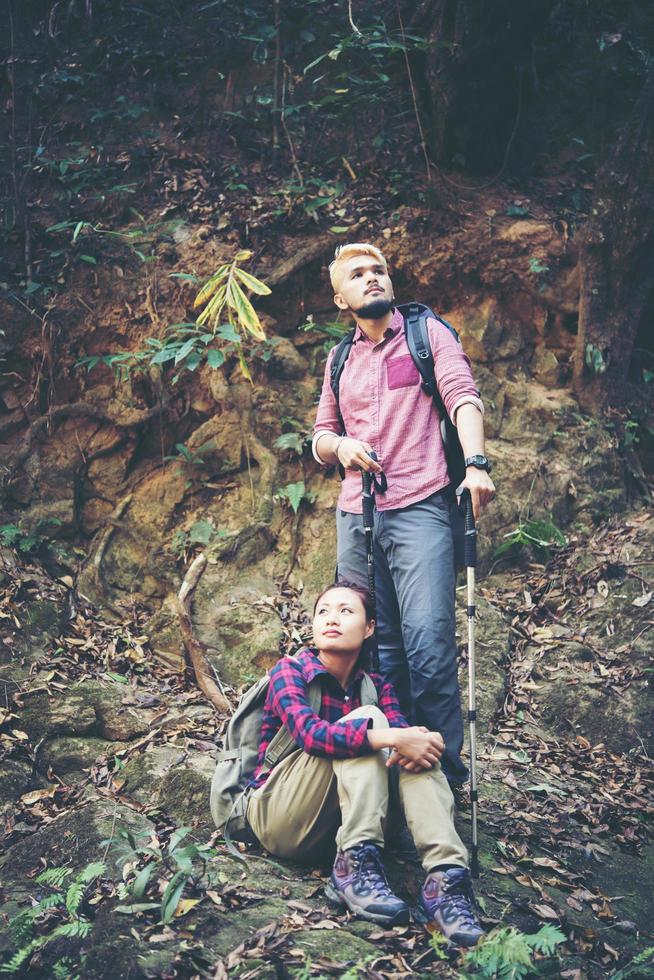 jovem casal de turistas caminhando na floresta foto