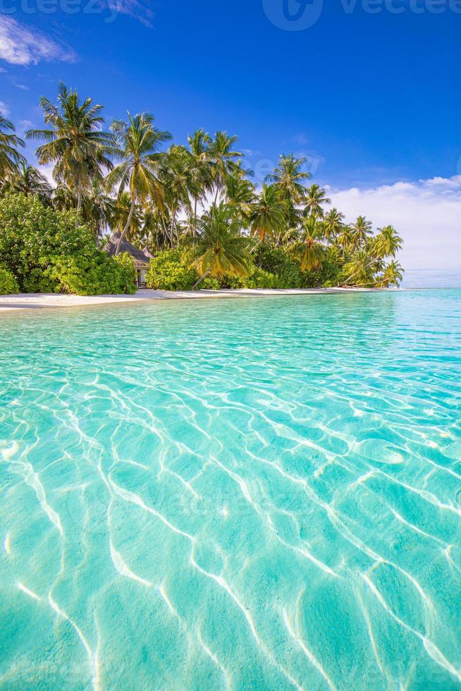 paisagem tropical intocada. ilha exótica baía de mar azul, palmeiras, praia de areia. natureza tranquila, céu ensolarado, fundo idílico de viagens. belas férias incríveis verão cênico relaxar paraíso turismo foto