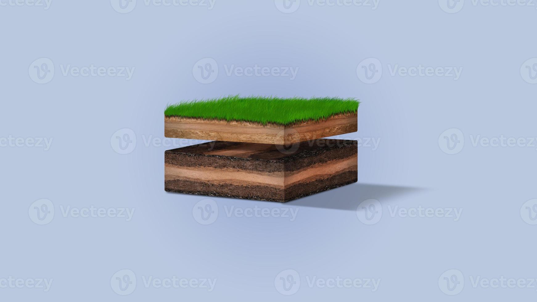 diagrama isométrico de camadas de solo, seção transversal de grama verde e camadas subterrâneas de solo abaixo, estrato de orgânicos, minerais, areia, argila, camadas isométricas de solo foto