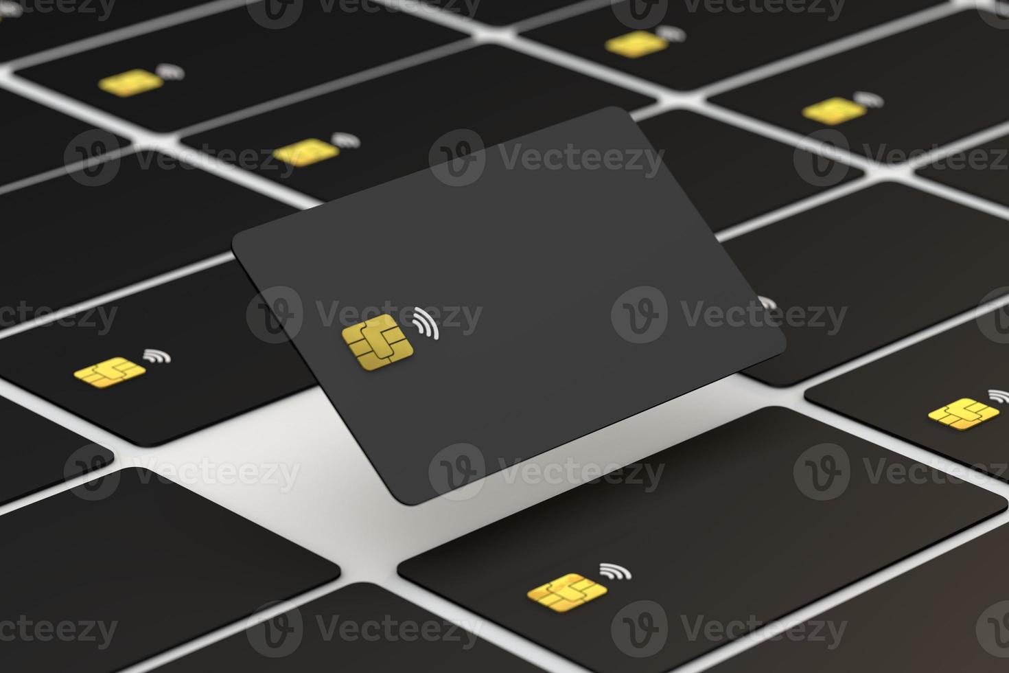 cartão de crédito preto 3d e chip de ouro foto
