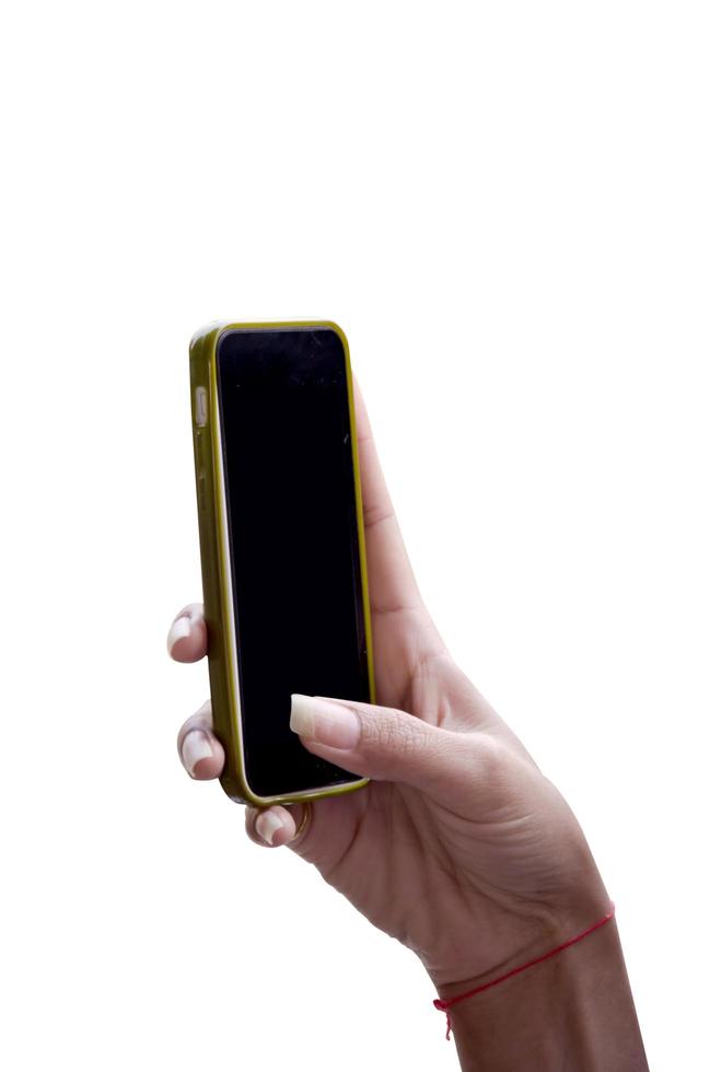 telefone inteligente na mão em fundo branco foto