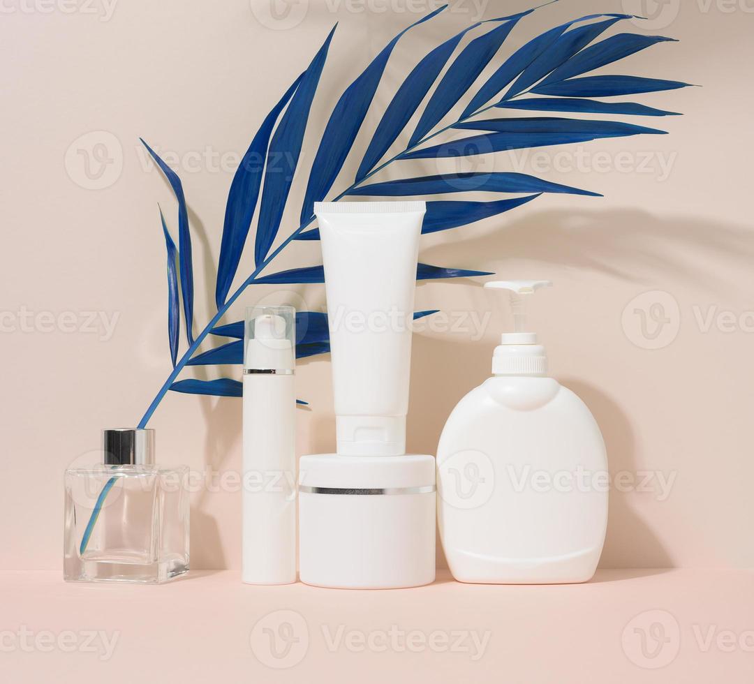 branco plástico recipiente tubo, uma jarra com uma tampa e uma recipiente com uma distribuidor para cosméticos foto