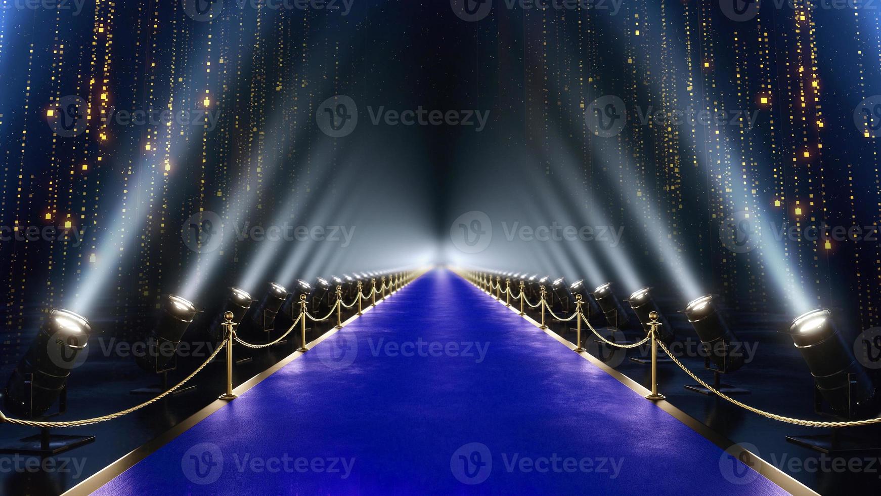 3d ilustração do luxo moderno azul tapete entrada com local luzes dourado queda partículas cintilar para mostrar reconhecimento prêmio noite. moda evento noite show celebridade paparazzi Casamento cerimônia foto