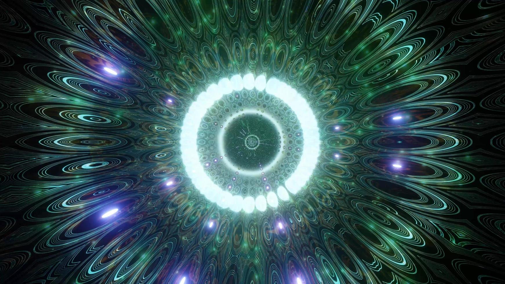 Luz e formas verdes, azuis e brancas na ilustração 3D do caleidoscópio para plano de fundo ou papel de parede foto