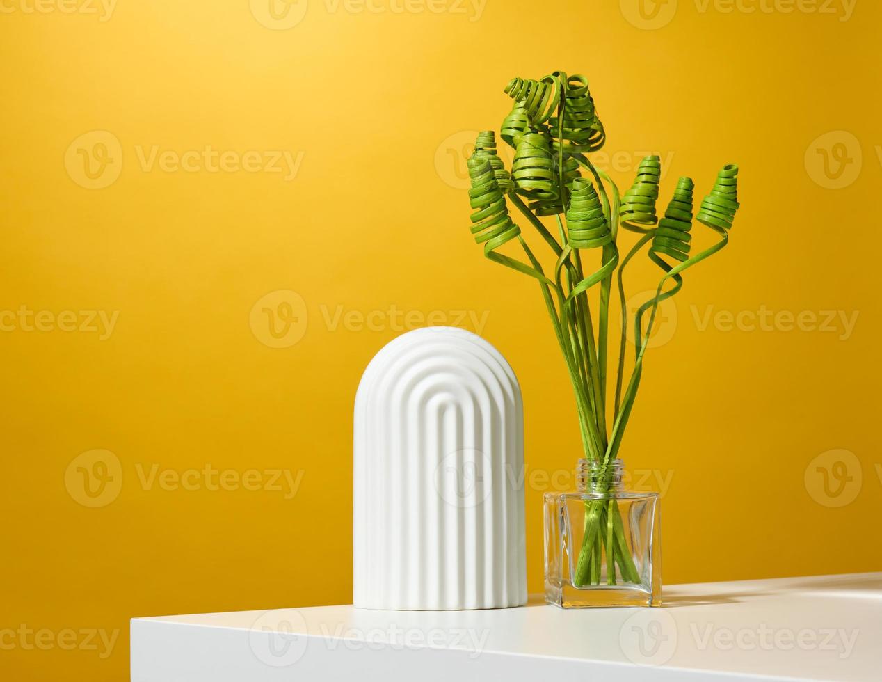 transparente vaso com verde plantas e uma branco arco em uma amarelo fundo. etapa para publicidade e produtos demonstração foto