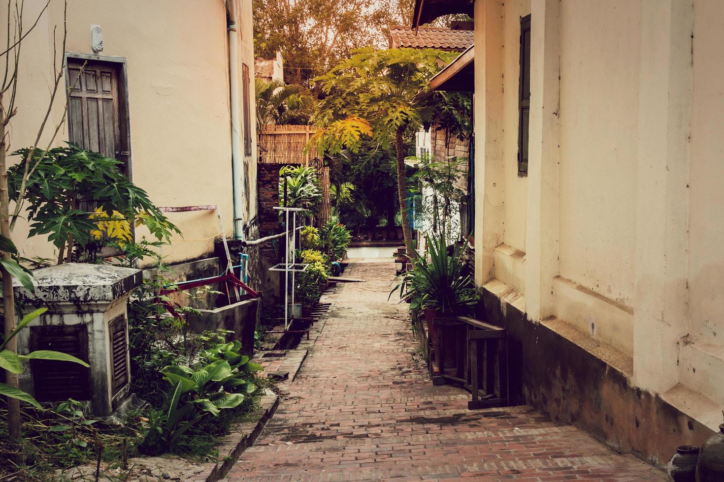 beco com luz solar dentro luang prabang, Laos. foto