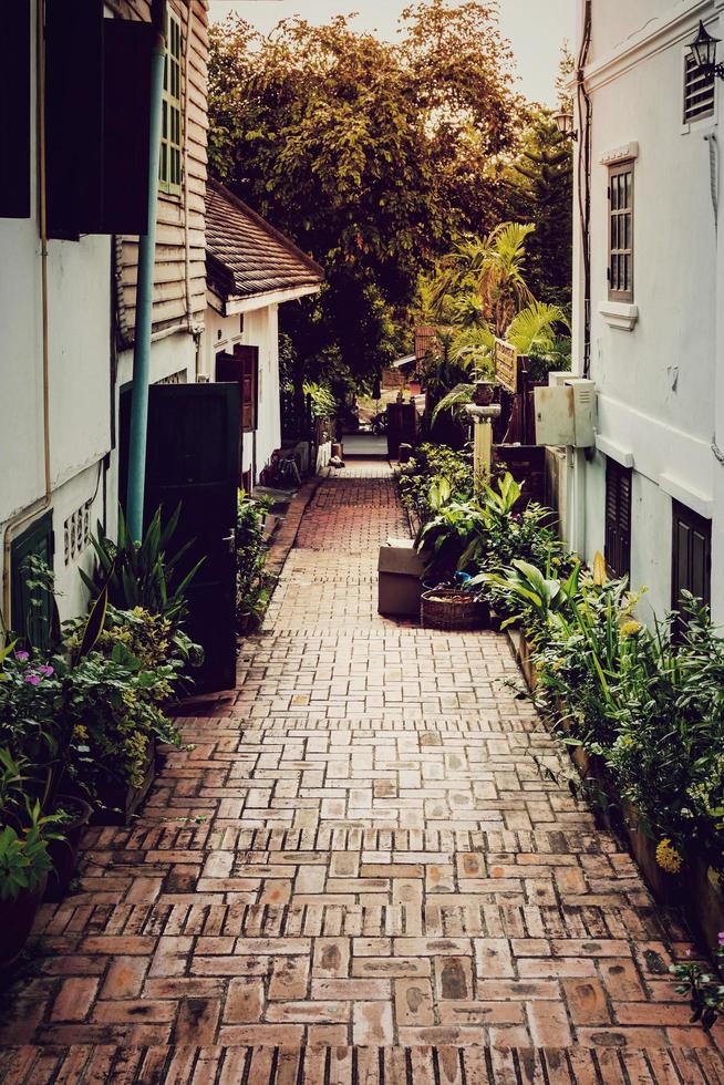 beco com luz solar dentro luang prabang, Laos. foto