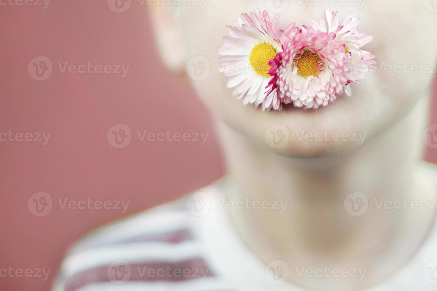 homem com uma margarida flor em uma Rosa fundo fechar. criança boca com flor em uma Rosa fundo. foto