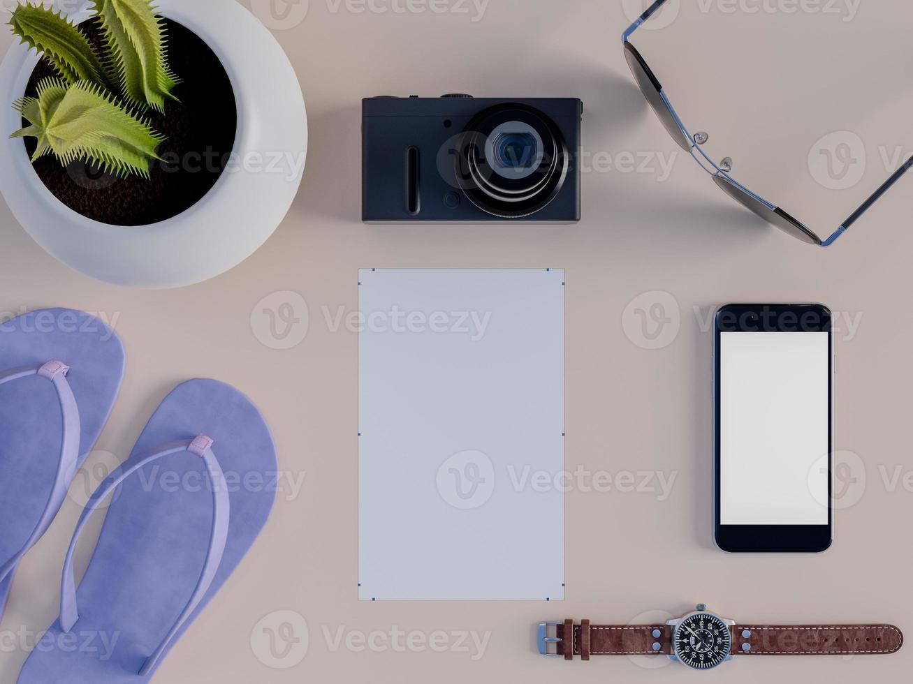 Renderização 3D de mock up na mesa com bloco de notas e telefone inteligente foto