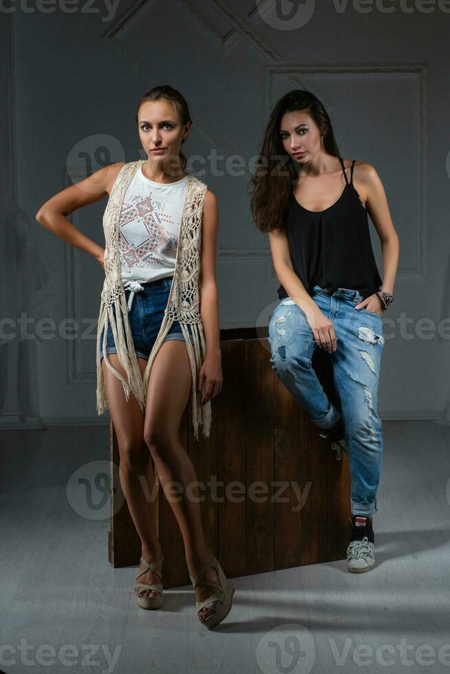 dois encantador mulheres posando dentro uma estúdio foto