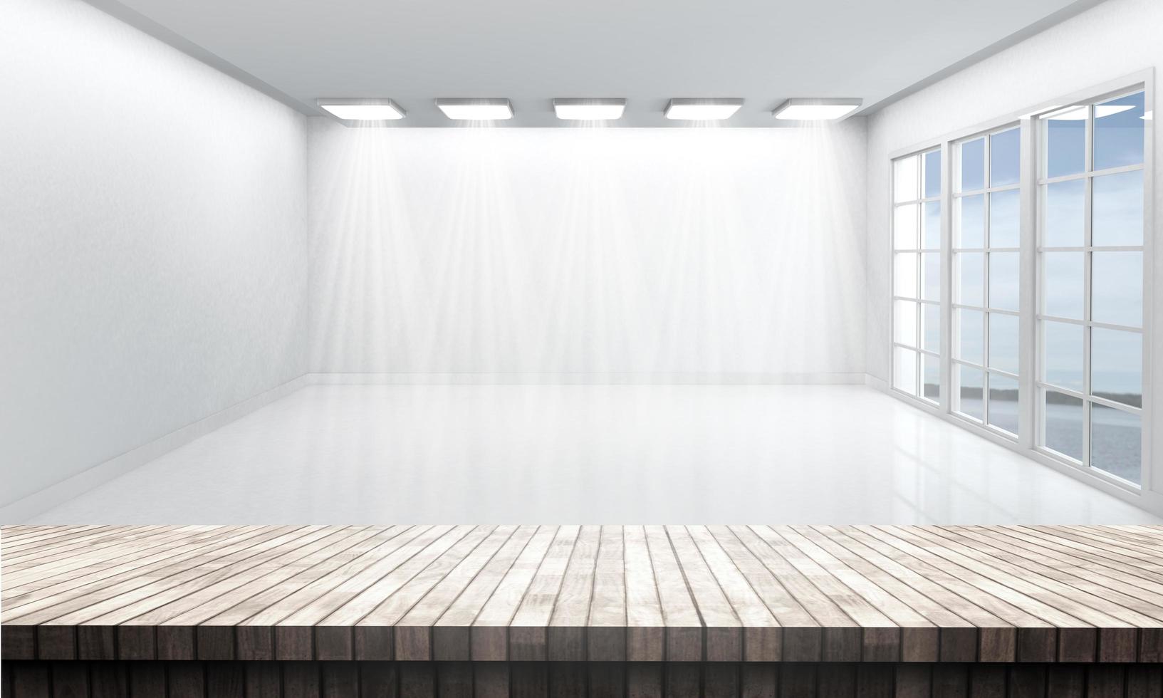 Mesa de madeira 3D com vista para uma sala branca e vazia foto