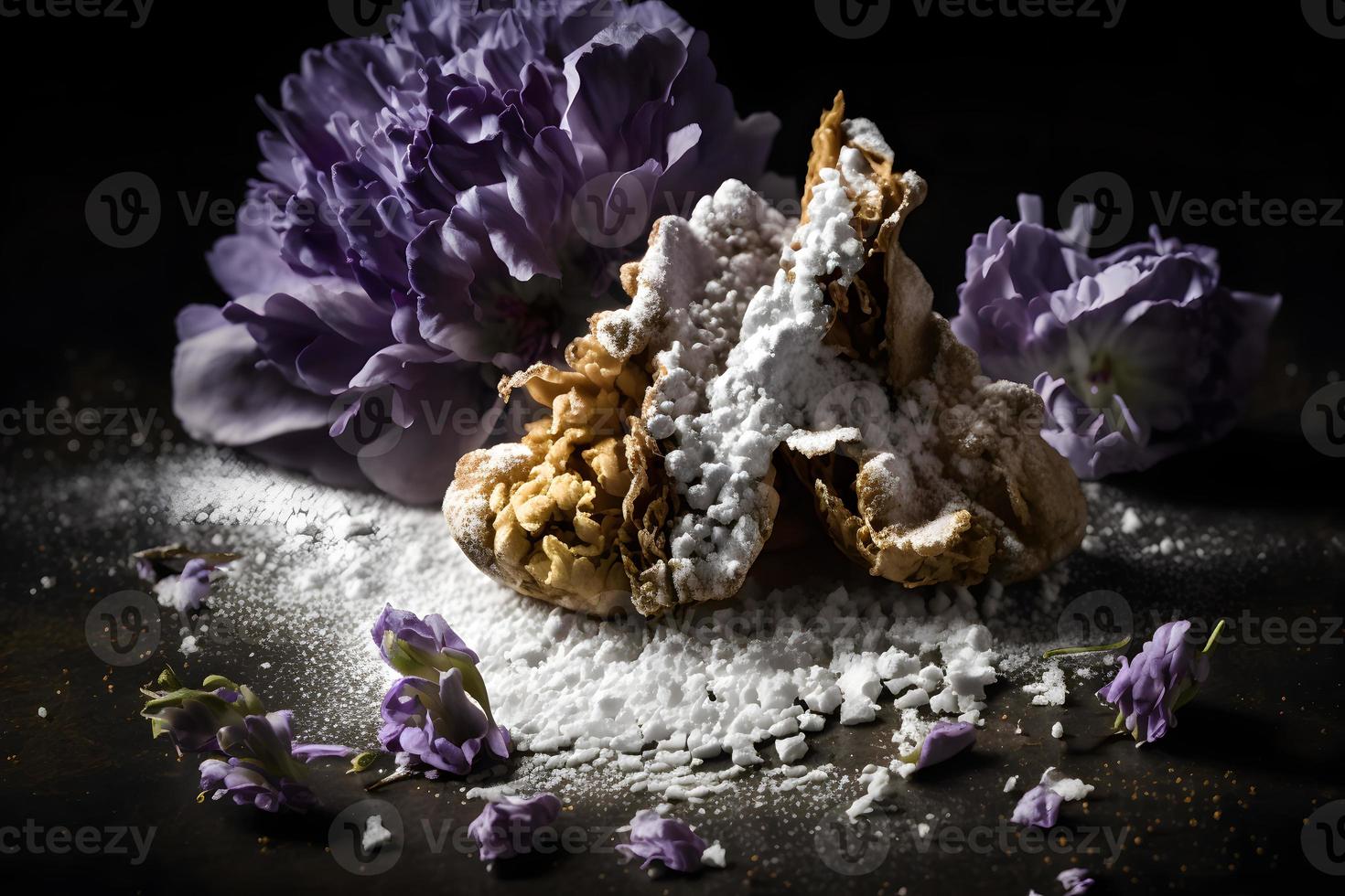 caseiro e saboroso frito lilás flor com em pó açúcar Comida fotografia foto