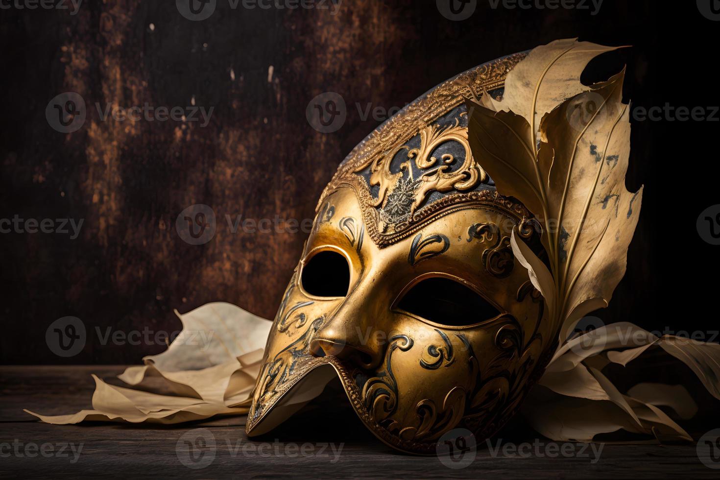 dourado veneziano mascarar em uma de madeira mesa foto