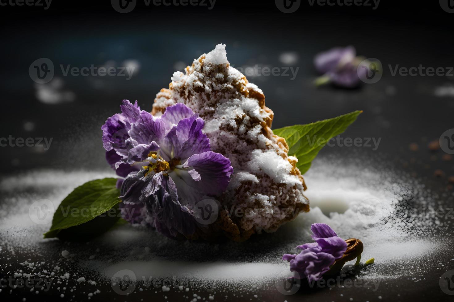 caseiro e saboroso frito lilás flor com em pó açúcar Comida fotografia foto