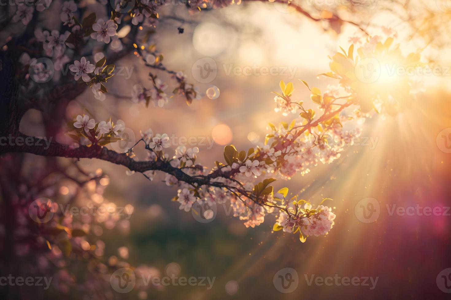 Primavera Flor fundo. natureza cena com florescendo árvore e Sol flare. Primavera flores lindo Pomar fotografia foto