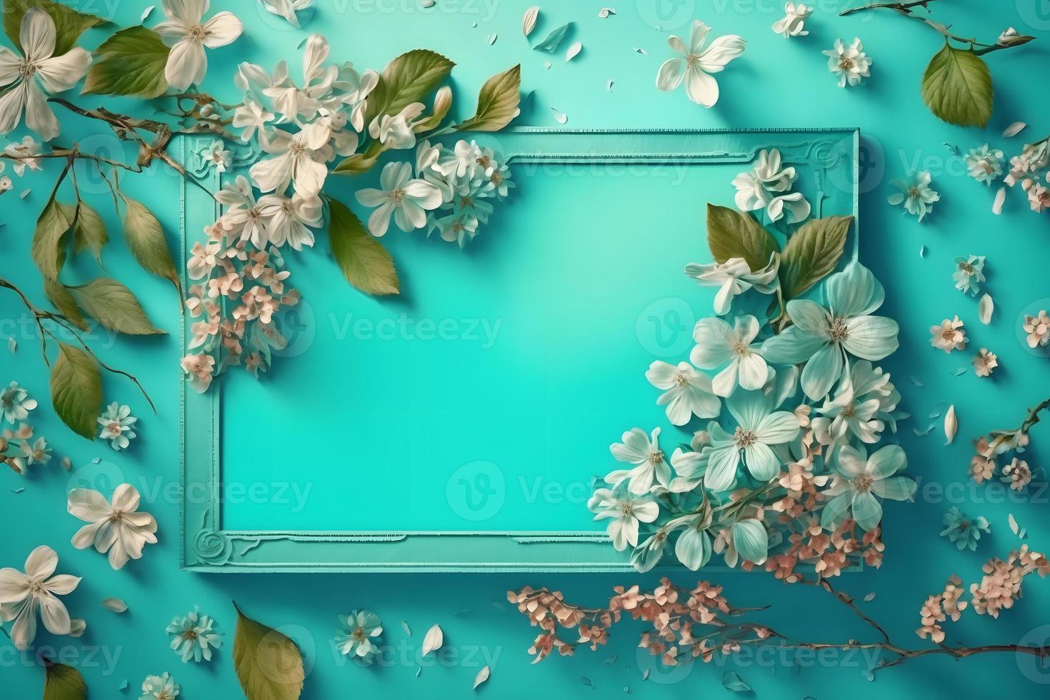 lindo Primavera natureza fundo com adorável florescer, pétala uma em turquesa azul fundo quadro, Armação foto