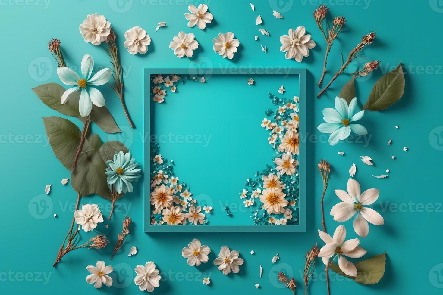 lindo Primavera natureza fundo com adorável florescer, pétala uma em turquesa azul fundo quadro, Armação foto