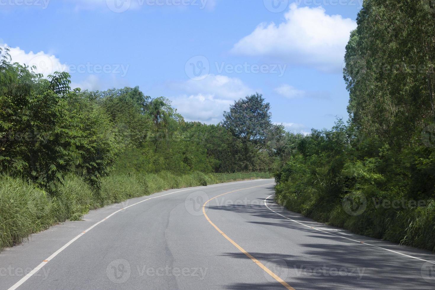país asfalto estrada dentro tailândia. dois faixa asfalto estrada este curvas avançar. ao lado com árvores e verde grama. debaixo a azul céu e branco nuvens. foto
