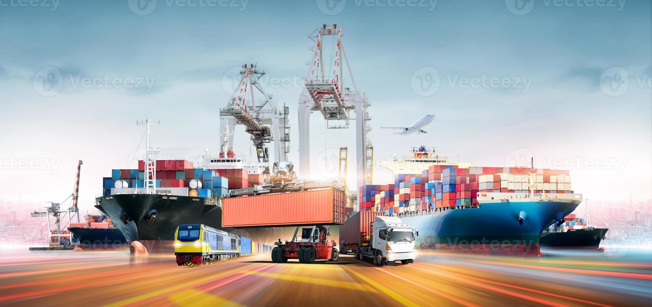 global o negócio logística transporte importar exportação e internacional comércio conceito, logística distribuição do containers carga frete enviar, trem, caminhão e avião, transporte indústria fundo foto