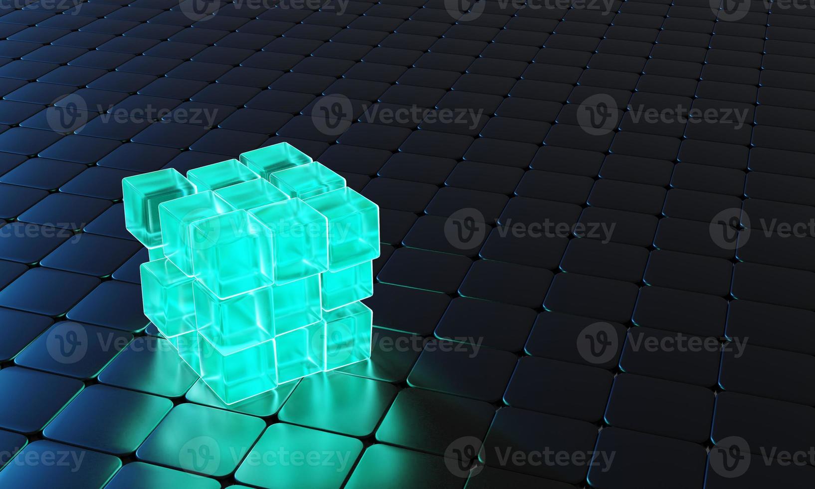 3d render cubos com azul brilhando em Sombrio fundo. foto
