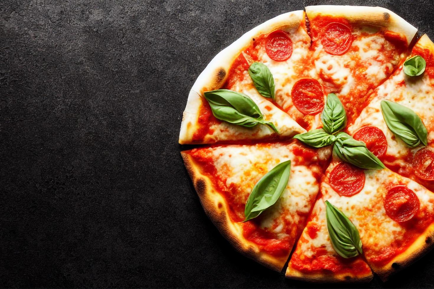 italiano pizza margherita com tomate molho mozzarella queijo manjericão em uma Sombrio concreto fundo. pizza receita e cardápio. foto