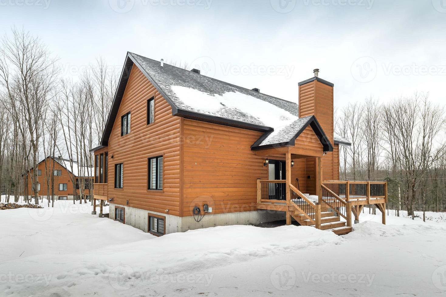 inverno chalés dentro controlo remoto área quebeque, Canadá, registro casa com sauna, spa, quartos de dormir, piscina, vivo sala, messanino, cozinha e banheiros foto