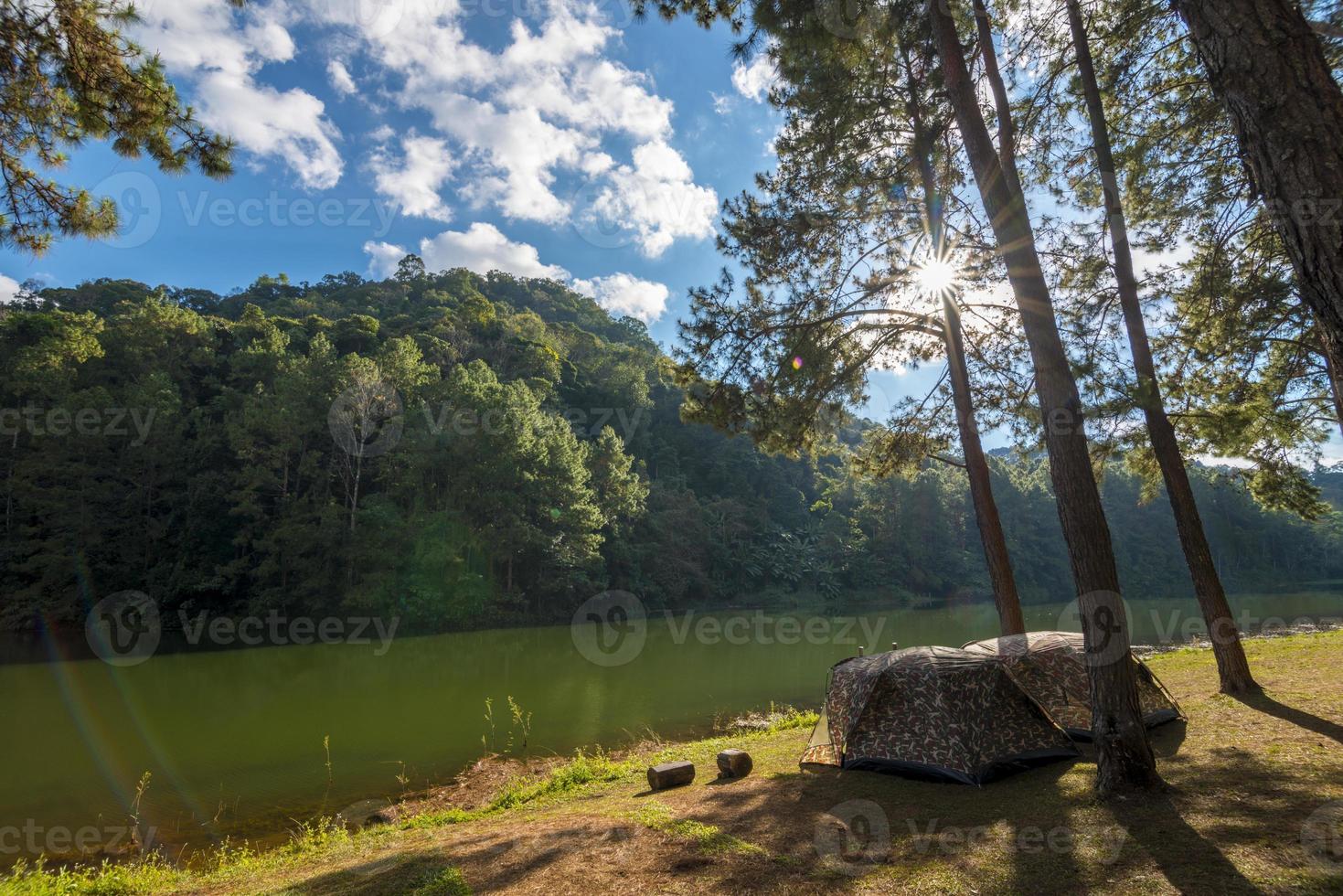 barraca de acampamento sob a floresta de pinheiros perto do lago ao pôr do sol foto