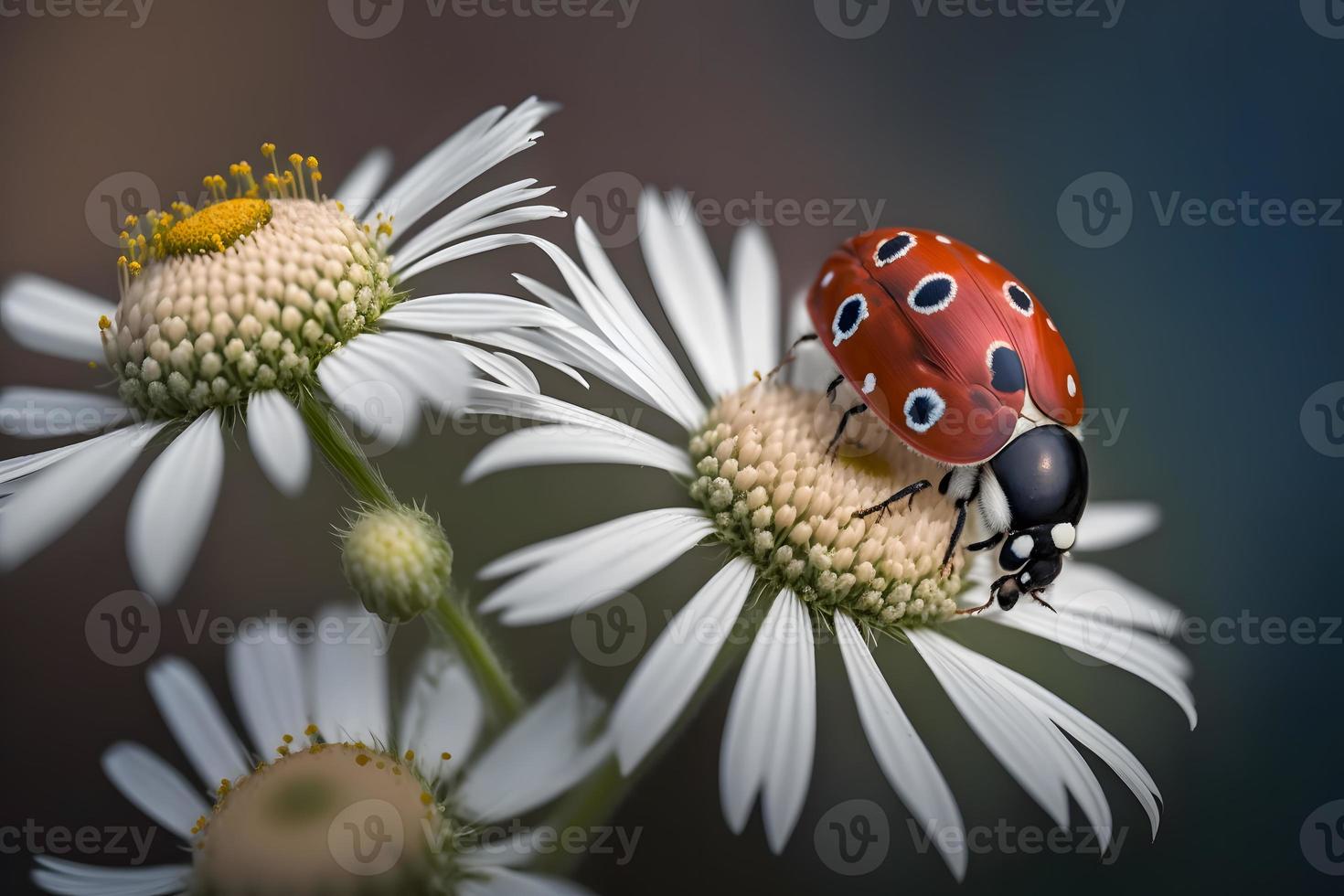 foto vermelho joaninha em camomila flor, joaninha rasteja em haste do plantar dentro Primavera dentro jardim dentro verão, fotografia