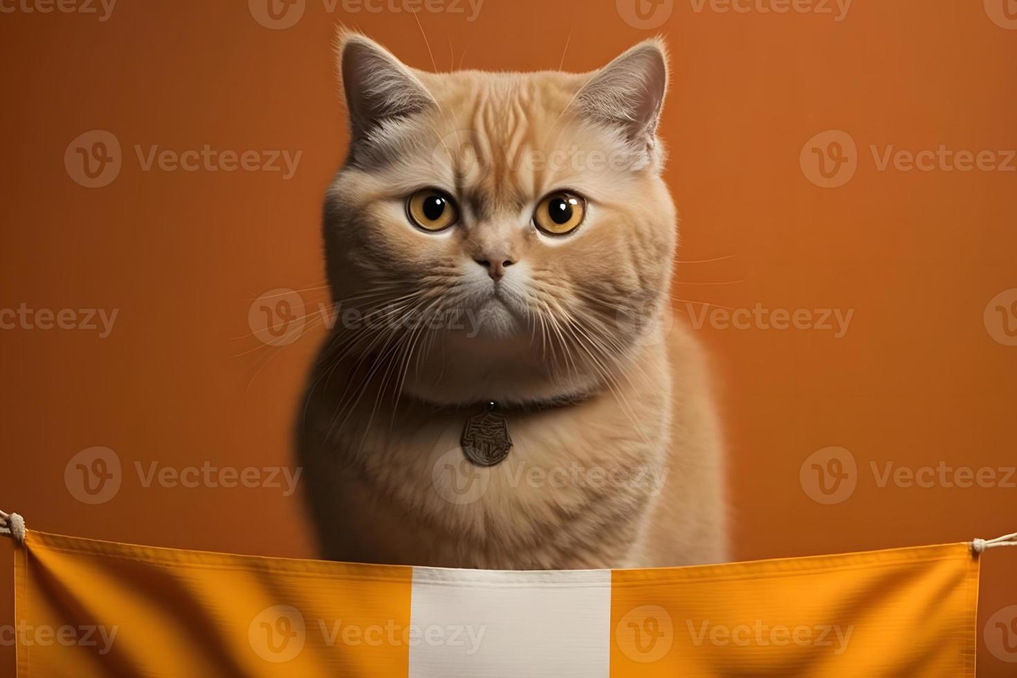 retrato retrato do uma gato escocês em linha reta com uma bandeira dentro patas em uma laranja fundo fotografia foto