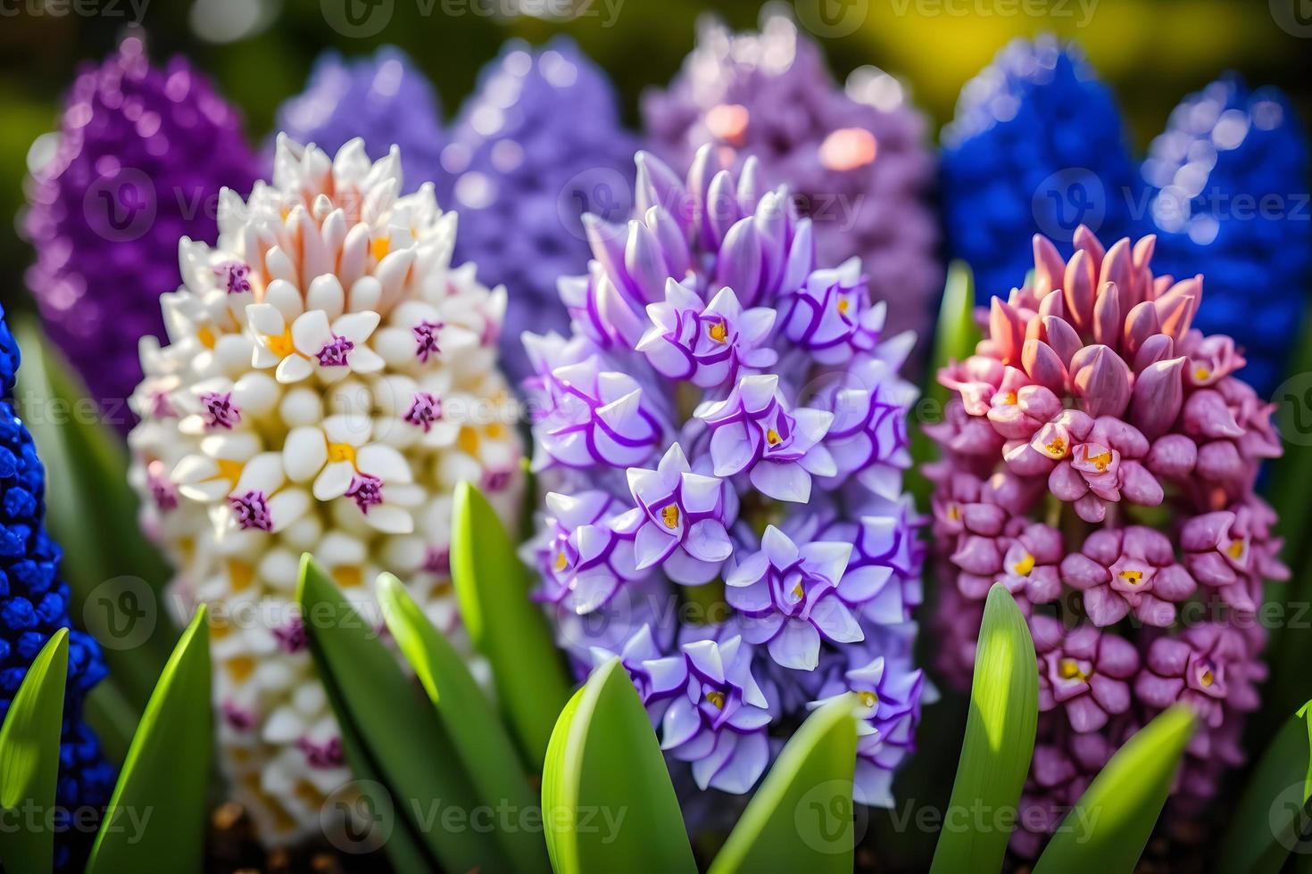 foto ampla flor cama com multicolorido jacintos, tradicional Páscoa flores, flor fundo, Páscoa Primavera fundo