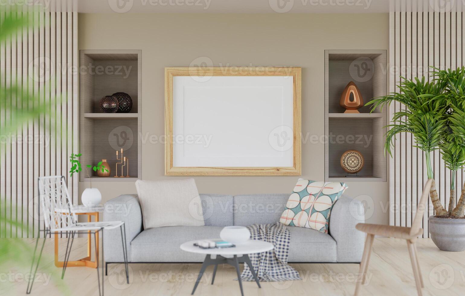 Moldura de foto em branco de maquete 3d na renderização da sala de estar